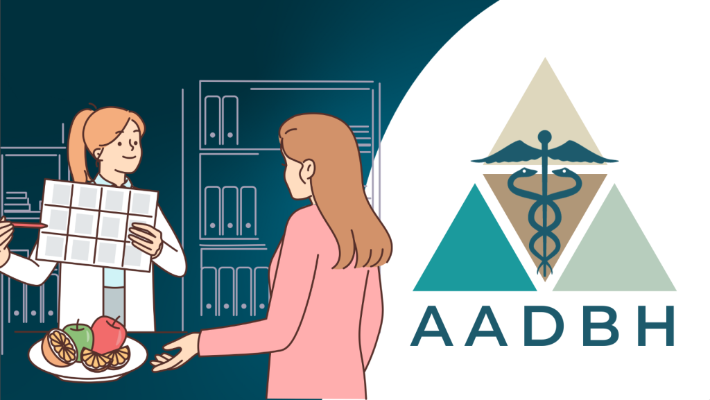 Two women discussing nutrition and diets next to the logo for AADBH