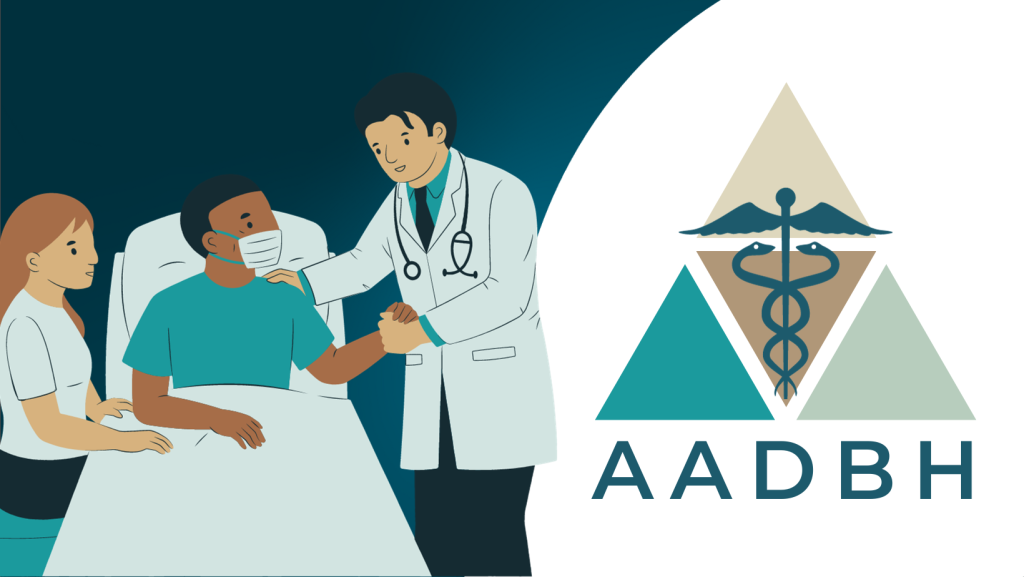 Doctor with patient in bed, with a person by his side alongside the logo for the American Association of Doctors of Behavioral Health